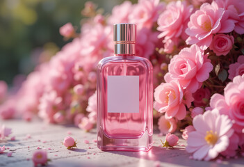 Pink Perfume Bottle Surrounded by Blooming Pink Roses, Floral Fragrance mockup bottle

