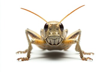 Closeup of a Grasshopper Standing on White Background in Studio Shot
