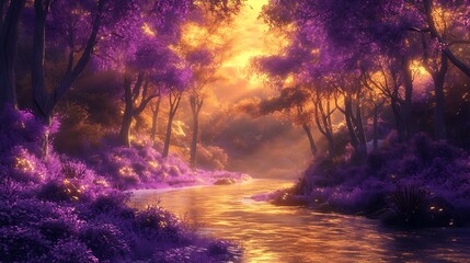 Dreamy Forest River with Purple and Gold Foliage for Fantasy Landscapes, Tranquil Settings, or Whimsical Backgrounds