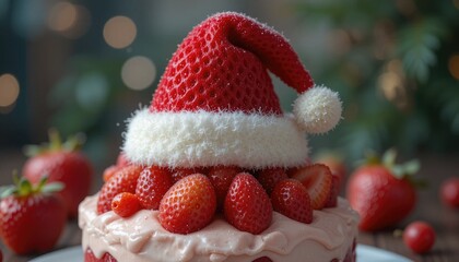 Festive strawberry dessert topped with Christmas Santa hat