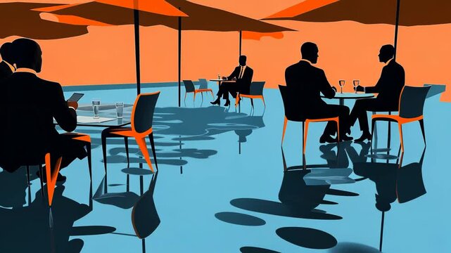 Silhouette of a Couple Sitting at a Table in a Cafe Meeting with Businessman and Woman with Coffee