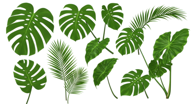 A vibrant collection of tropical leaves showcasing various shapes and textures