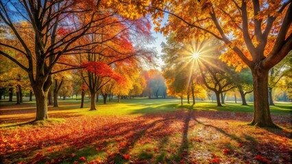 Fototapeta premium Autumnal Park Scene Sunbeams Illuminate Vibrant Fall Foliage and Grassy Meadow
