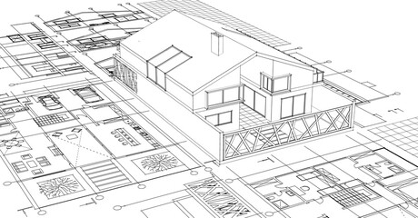  house architectural project sketch 3d illustration