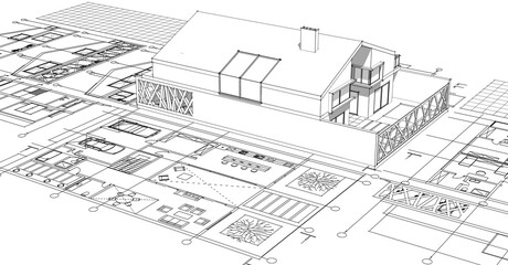  house architectural project sketch 3d illustration