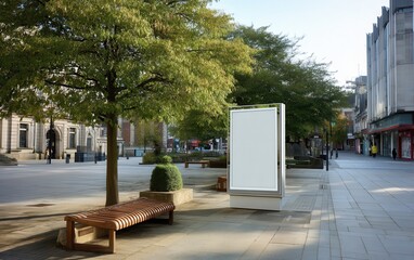 Ad panel vertical digital OOH advertising display on a clean city square with benches and trees