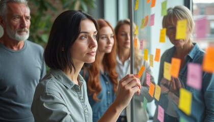 A determined young woman stands in front of a glass wall covered with vibrant sticky notes, deeply engaged in a brainstorming session with her team. The diverse group, including older and younger