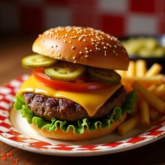 A juicy cheeseburger with melted cheddar, lettuce, tomato, and pickles, served with crispy golden fries on a diner plate.