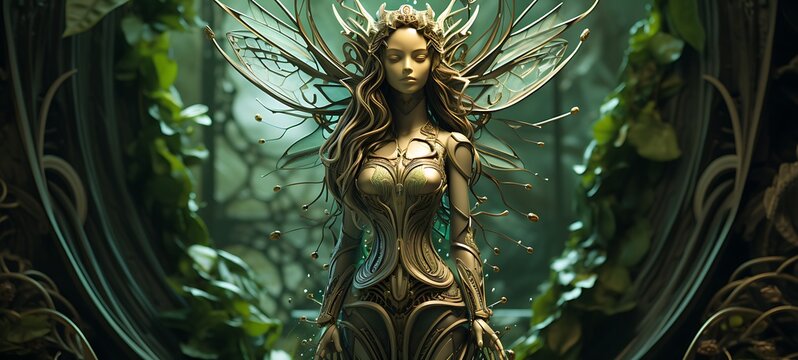 Paper quilling green leaf Dryad Nano Robot full body in a sea of diamonds, ai generative - Powered by Adobe