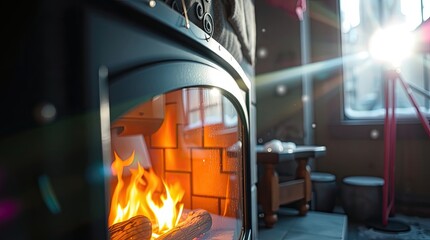 Fireplace With Burning Fire Flames Visible In Cozy Environment
