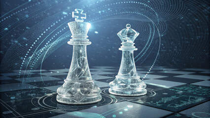 futuristic chess concept featuring transparent glass king and queen pieces on digital chessboard, surrounded by glowing abstract lines