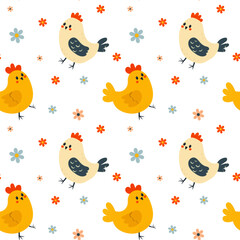 Seamless flat vector pattern with chicks, hans, and roosters for easter, sute and festival design