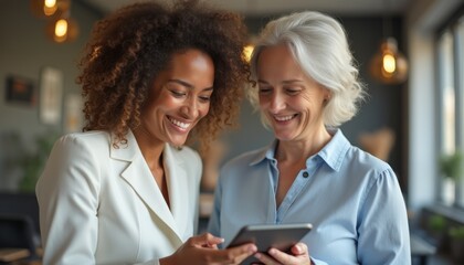 A young Black woman with curly hair and a middle-aged white woman with silver hair are engaged in a delightful conversation over a tablet. Their smiles radiate warmth and connection, showcasing the