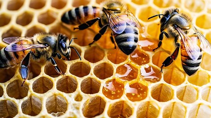 close-up of a honeycomb filled with honey, illustrating the economic value of bees in producing honey and supporting food industries. [Bees]: [Importance to the Economy] honeycomb, honey production, 