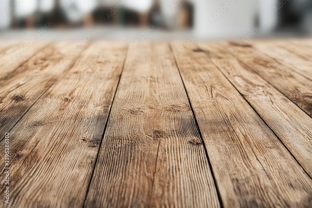 Aufkleber weathered wooden table top in a cozy workshop setting with blurred background