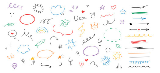 Hand drawn different line elements. Doodle sketch style arrows, scribbles, stars, speech bubbles and underlines. Vector grunge colored element set.