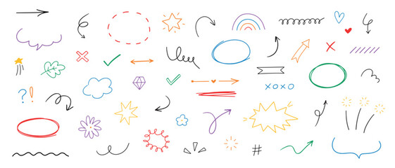 Hand drawn different line elements. Doodle sketch style arrows, scribbles, stars, speech bubbles and underlines. Vector grunge colored element set.