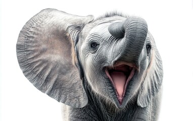 Laughing elephant calf with lifted trunk and wide open mouth, isolated on white, soft grey tones, joyful wild animal shot