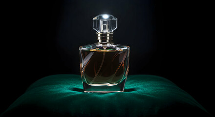 Elegant Perfume Bottle On Emerald Velvet Background