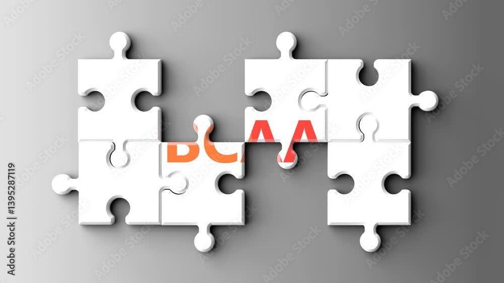 Poster Bcaa as a complex topic - pictured as word bcaa on a puzzle pieces to show that bcaa is a composite subject. Solving a puzzle. Pieces coming together to make a whole