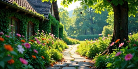 Fototapeta premium Serene Garden Path Leading to a Vine-Covered House on a Sunny Day