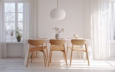 Minimalist Scandinavian dining room with white table, wooden chairs, pendant light, clean space, soft morning light