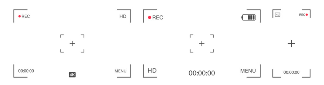 Video camera screen. Camera frame with rec, battery, focusing. Vector