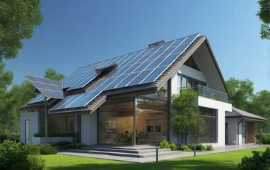 A smart home powered by solar panels under a clear blue sky, eco technology concept
