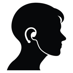 Silhouette Vector of Person Wearing Hearing Aid in Side Profile on White Background