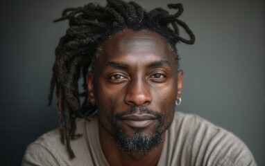 Fototapeta premium Portrait of a Black man with dreadlocks and neutral-toned T-shirt, clean white backdrop, no hands, confident presence