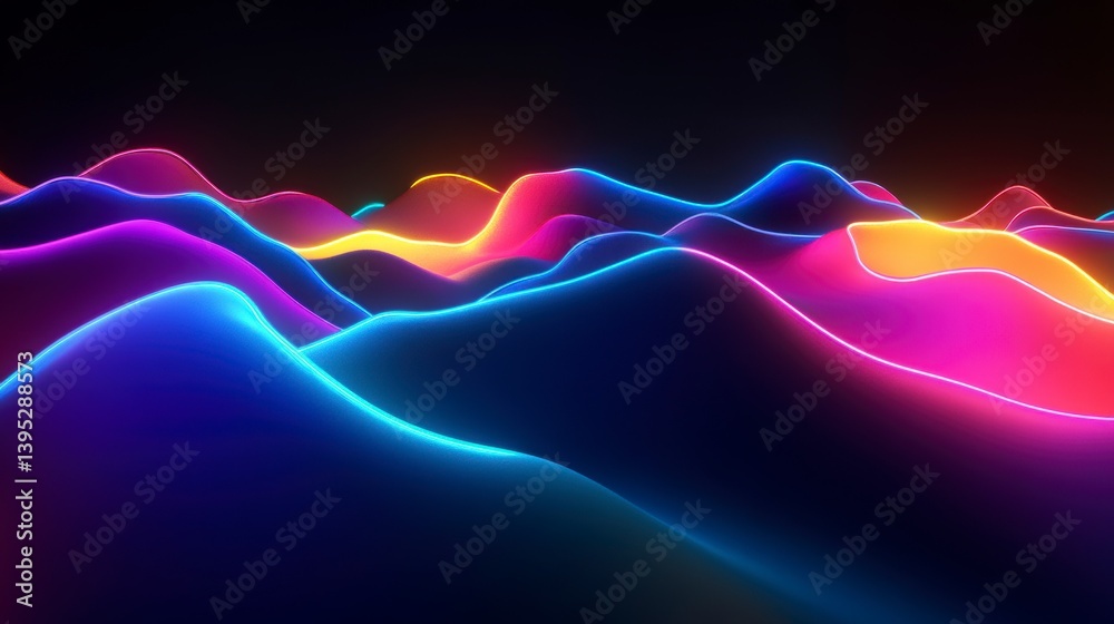 Fototapete Vibrant neon waves flow across a dark background, creating an abstract landscape of light and color.