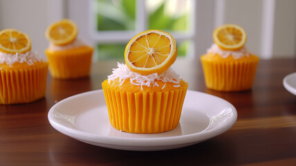 Delicious mini citrus cakes topped with coconut and lemon slices, perfect for any occasion