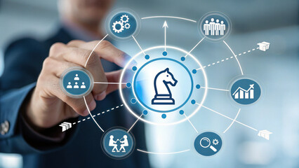 businessman interacts with digital interface featuring chess knight icon, symbolizing strategy, surrounded by icons representing teamwork, growth