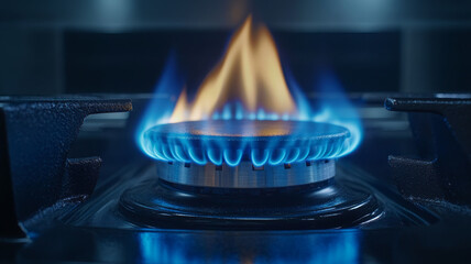 close up view of blue gas flame ignited on stove, creating warm ambiance