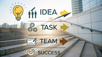 Conceptual image showing process of idea generation, task management, teamwork, and achieving success, with staircase and cityscape background