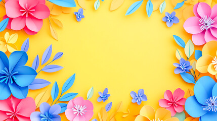 Obraz premium Paper-cut spring flowers with empty space for text. Creative spring-themed background with mockup area. Floral illustration design with vibrant colors and fresh seasonal elements