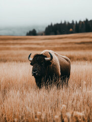 Majestic Bison in Prairie: A solitary bison stands amidst the vast, golden prairie grasses under an overcast sky, its powerful presence commanding respect and admiration in nature.