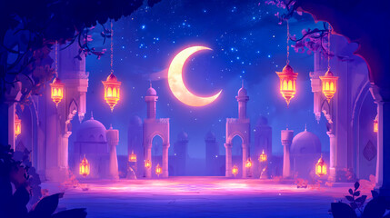 Obraz premium Ramadan Kareem Islamic Background Template Vector Illustration with Crescent Moon, Lanterns, and Arabic Calligraphy Design
