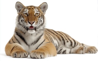 Fototapeta premium Grinning tiger cub with bright eyes, relaxed pose, pure white background, playful wild animal expression