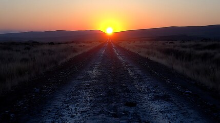 A dirt road stretches into a vibrant sunrise over a vast landscape.