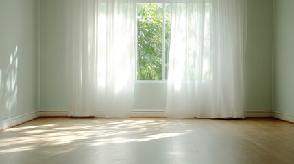 Fototapeta premium Empty room with natural light streaming through sheer curtains