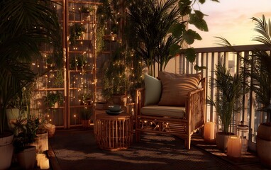 Fototapeta premium Boho balcony with bamboo furniture, fairy lights, soft cushions, lots of greenery, sunset lighting, peaceful corner