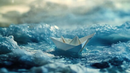 Obraz premium Paper boat sailing on a rough blue sea under a cloudy sky. Adventurous journey.