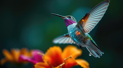 Fototapeta premium A beautiful hummingbird in flight with open wings and iridescent feathers