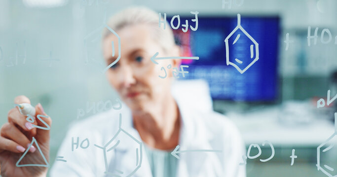 Woman, writing or scientist with glass board for equation, problem solving or drug trial at lab. Female person, doctor or analysis with chemical formulation for molecule statistic or medical research