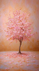 Blossom Reverie: Capturing the serenity of springtime with a stunning cherry blossom tree in full bloom, petals scattered gently around its base, and the subtle warm glow of the background.