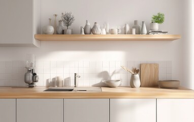 Minimal Scandinavian kitchen with matte white cabinets, oak countertops, ceramic accents, open shelves, sleek and bright aesthetic