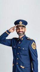 indian train conductor in blue uniform standing on white background