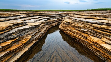 Obraz premium Layers of sedimentary rocks exposed in a riverbank flowing water reflections serene atmosphere low light eye-level shot, Realistic Photo