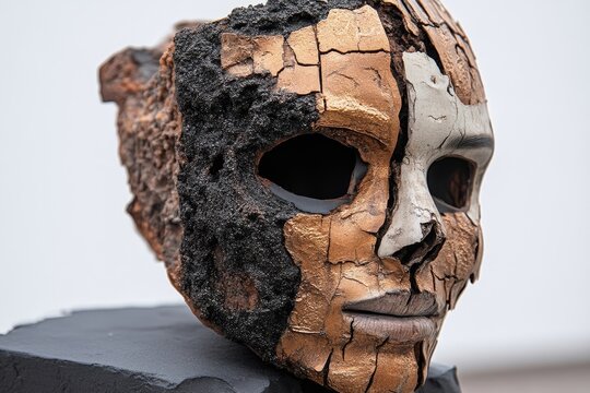 Cracked clay mask, earth-toned, face